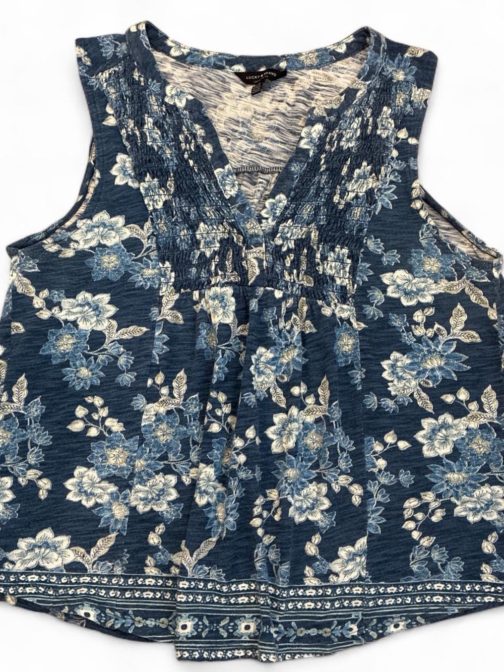 Lucky Brand Navy Blue Floral Sleeveless Smocked V-Neck Tank